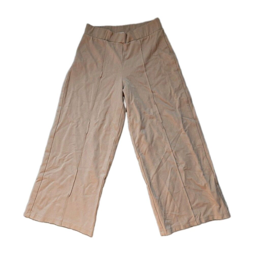 Spin USA Wide Leg Crop Pants Womens Beige Pull On Stretch Casual Knit S EUC